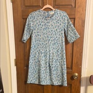 Blue A-Line Casual Dress with Crew Neck and 3/4 Sleeves